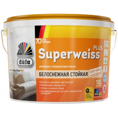 Краска для стен и потолков акриловая Dufa Retail Superweiss Plus глубокоматовая база 1 10 л.