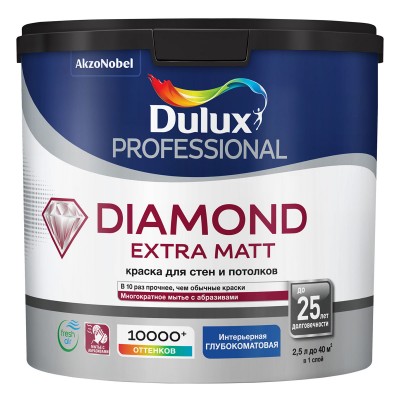 Краска для стен и потолков водно-дисперсионная Dulux Diamond Extra Matt глубокоматовая база BC 2,25 л.